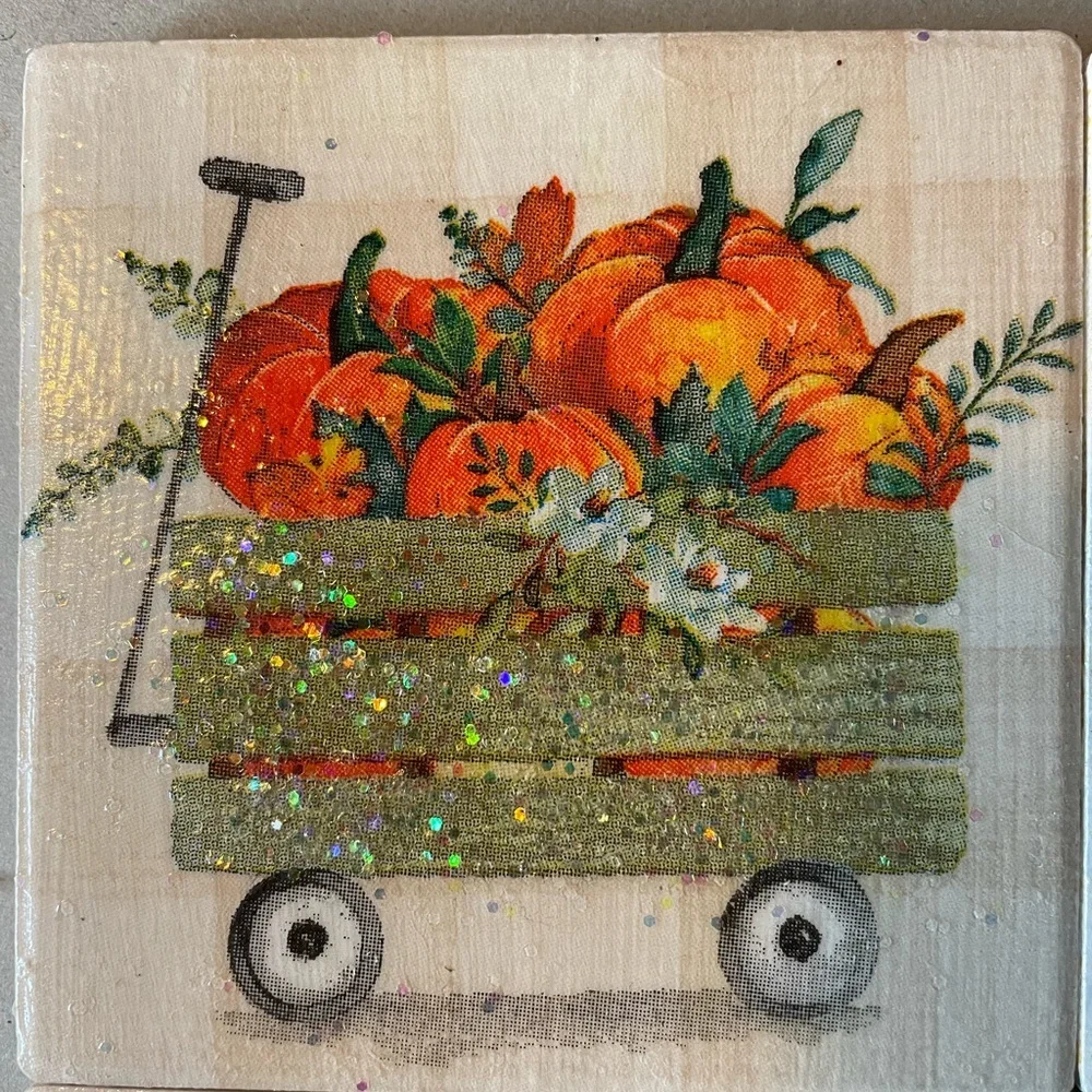Hand Crafted Glittery Autumn Pumpkin Coasters - Orange and Green